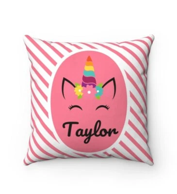 Travesseiro quadrado listrado rosa unicórnio personalizado presente para meninas - Imagem 1 de 4