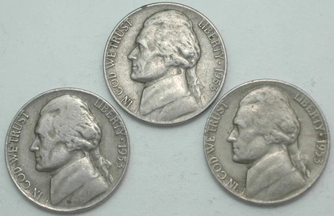 1953-P-D-S Jefferson Nickel year set of 3 coins Cover