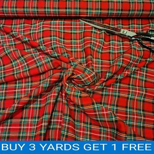 Genuine Red Royal Stewart Tartan Woven 100% Brushed Cotton Craft Dress Fabric - Picture 1 of 2