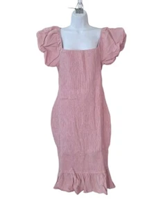 SIMPLEE + 2XL Pink Smocked Off The Shoulder Puff Bodycon Midi Mermaid Dress - Picture 1 of 14