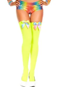 sexy MUSIC LEGS neon OPAQUE rainbow SATIN mini BOWS thigh HIGHS stockings CLOWN - Picture 1 of 4