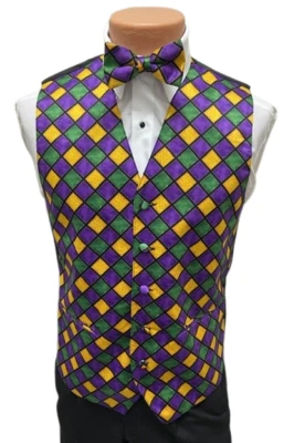 NEW Mardi Gras Fat Tuesday Tuxedo Vest Self Tie Bow Tie All Sizes REAL POCKETS - Image 1 of 4