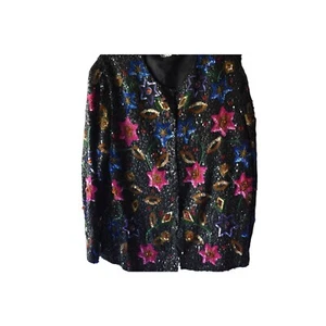 Vintage Women's Augustus Impressions Silk Sequin Beaded  Black Floral Jacket L - Picture 1 of 9