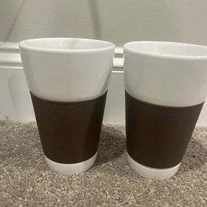 2x Bodum Pavina Porcelain Tall Mugs Brown Silicone Tumblers 17 oz 6” EUC - Picture 1 of 6