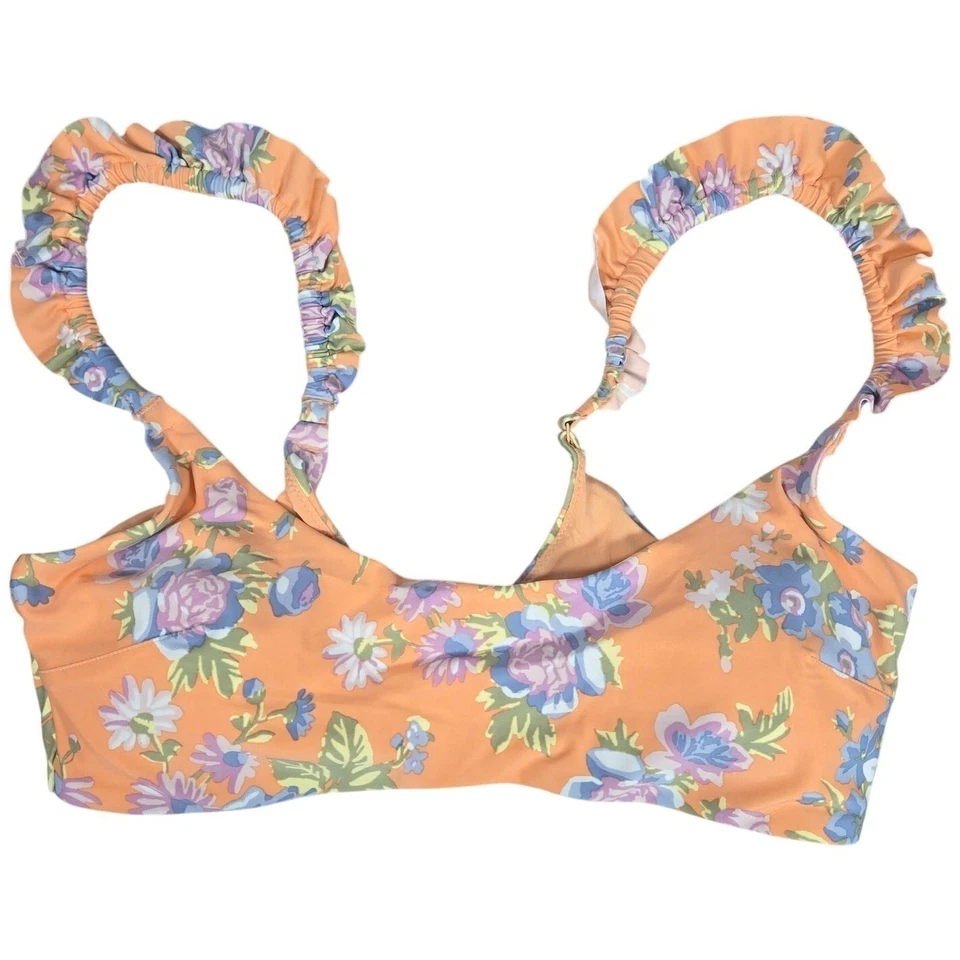 Aerie Floral Printed Ruffle Scoop Bikini Top in Apricot Wash XL NWT - Image 1 of 4