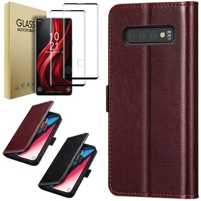 For Samsung S10/S10 Plus/S10e Leather Wallet Flip Case Cover Tempered Glass - Image 1 of 4