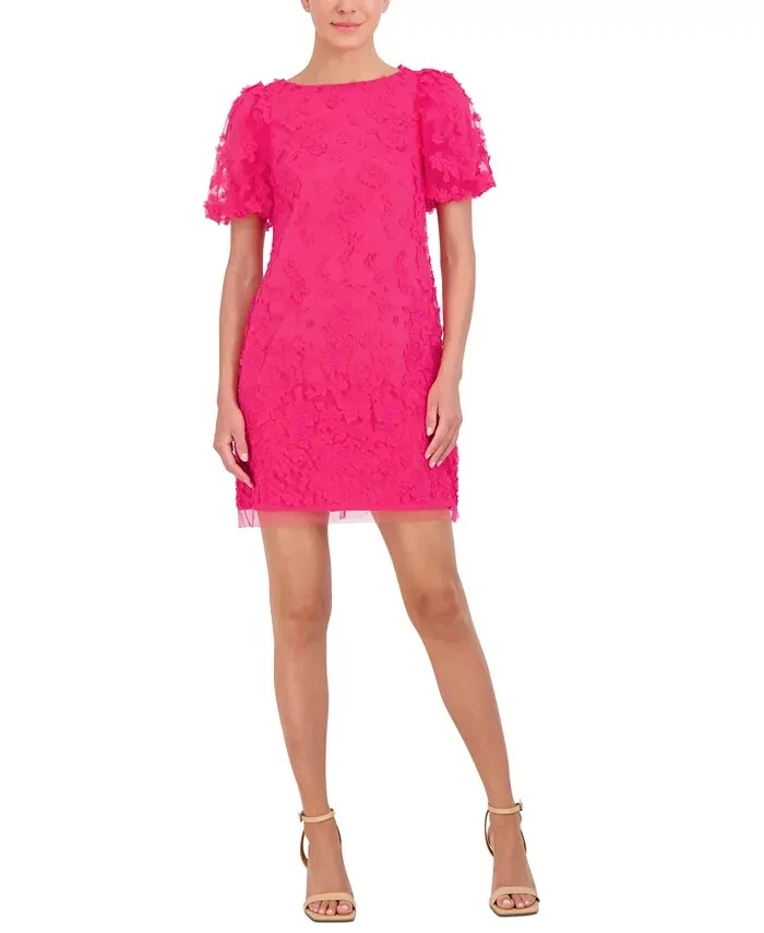 Eliza J Petite Puffed-Sleeve 3D-Floral Shift Dress Women's 4P Hot Pink Back Zip - Image 1 of 4