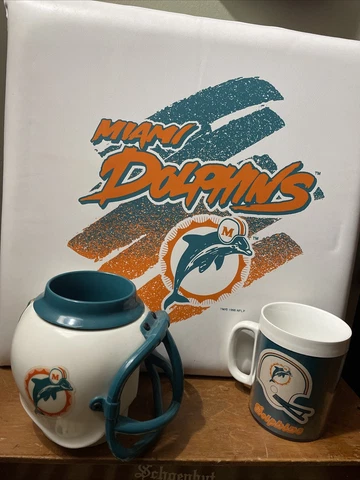 Miami Dolphins Seat Cushion Koozy Helmet & Thermo Serv Mug Old Logo Vintage Cover