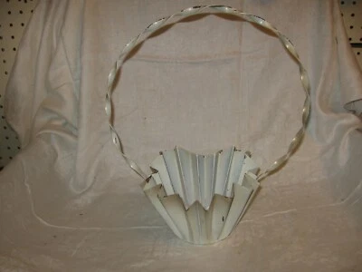 vintage metal / tin patio garden hanger flower pot planter chippy white paint - Image 1 of 4