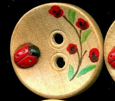 Hand Painted Wood Vintage Button with Glass Ladybug Cover