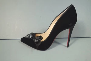 LOUBOUTIN 35.5 MADAME MENULE 100 Black Velvet Crystal Bow Point Toe Pumps NEW - Picture 1 of 12