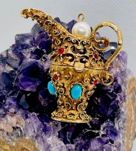 Florenza Ornate Golden Ewer Turquoise Cabochon Red Rhinestone Locket Pendant - Picture 1 of 7
