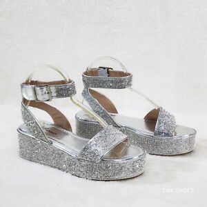 Flashy Silver Ankle Strap Sparkling Rhinestone Wedge 2" Platform Sandals