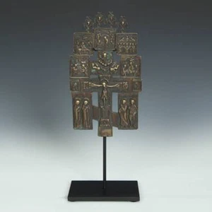 ANTIQUE RUSSIAN OLD BELIEVERS CEREMONIAL CROSS JESUS BRONZE BASED 18TH C - Picture 1 of 5