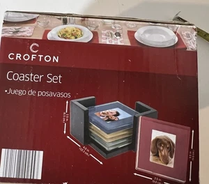 New Set of  5 Solid Glass Photo Coasters With Wood Holder Crafting,put Photo In. - Picture 1 of 4