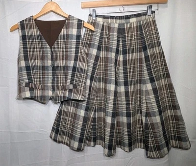 Hand Made Women's Vintage Plaid Skirt And Vest Set Sz S Academia Career Modest - Image 1 of 4