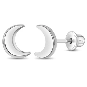 Classic Crescent Moon Children's / Girls Earrings Screw Back - Sterling Silver - Picture 1 of 4