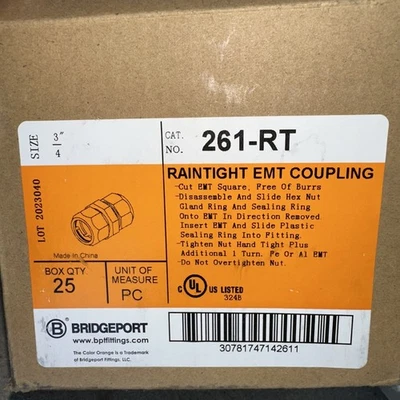 Accesorios BPT Bridgeport 261-RT compresión hermético acoplamiento EMT - 25 piezas Foto 1 de 3