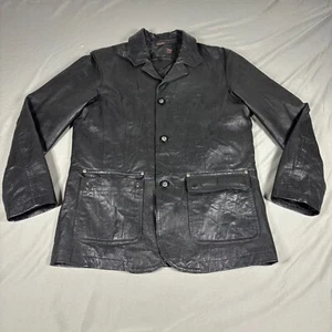GUESS Jeans Leather Jacket Mens Medium Black Lined Flap Pockets Button Front - Picture 1 of 8