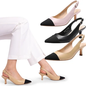 Women Slingback Close Pointed Toe Low Kitten Heel Slip On Wedding Pump Shoes - Picture 1 of 53