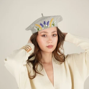 Grey Floral Embroidered Wool French Beret - Picture 1 of 3