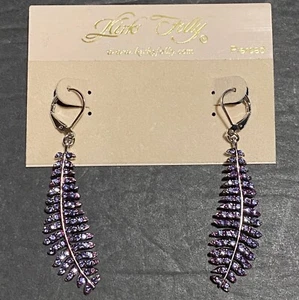 Vintage New Kirks Folly Purple Crystal Feather Lever Back Earrings Silver Tone - Picture 1 of 4