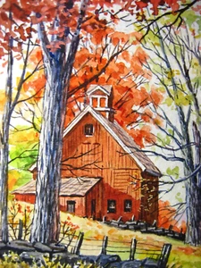 Watercolor Painting Country House Autumn Fall Landscape ACEO No.101 - Picture 1 of 2