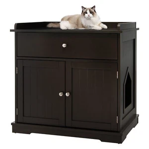Wooden Cat Litter Box Enclosure w/ Drawer Side Table Furniture Coffee - Picture 1 of 10