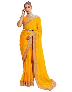 Bandhani Printed Embroidery Lace Georgette Saree with Unstitched Blouse Piece - Picture 1 of 74