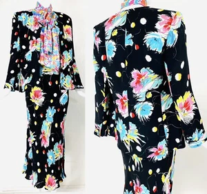 Vintage SONIA RYKIEL 2pc Black Floral Statement Skirt Jacket Suit, S/XS STUNNING - Picture 1 of 12