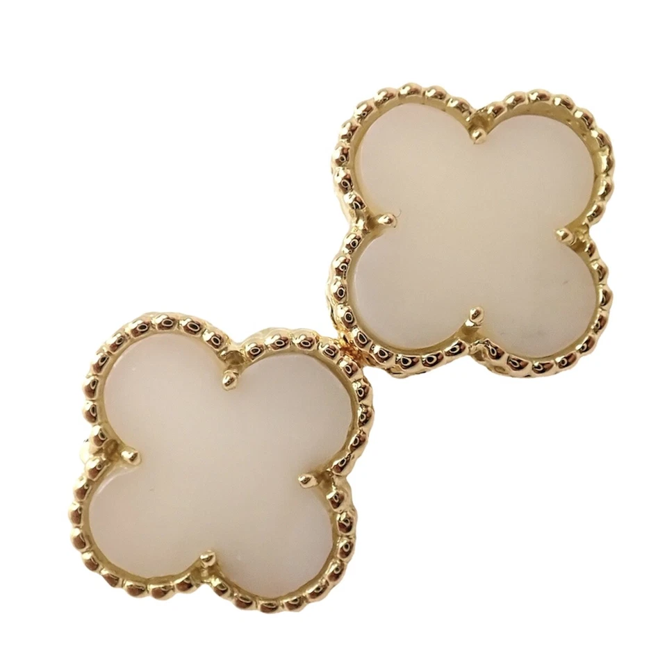 ¡Raro! Pendientes Van Cleef & Arpels Vintage Alhambra Oro Amarillo 18k Coral Blanco Foto 1 de 4