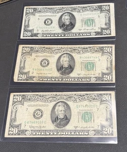 Set of (3) 1950 A C D $20 Federal Reserve Notes w/ Mylar Sleeves, U.S. Lot bills - Picture 1 of 4