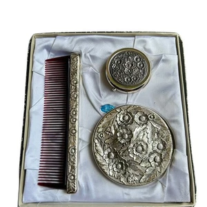VTG Comb Silver Plate Floral Design With Compact Mirror & Pill Box Vanity Set - Picture 1 of 10
