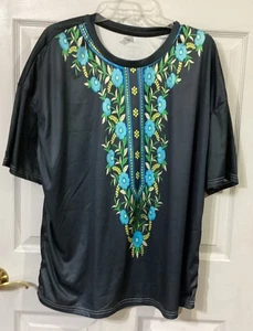 Ladies Black And Floral Short Sleeve Pullover Shirt Size 3XL - Picture 1 of 5