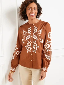 Besticktes Popeline-Top bei Talbots neu mit Etikett $ 129, Farbe EICHELBRAUN - Bild 1 von 2