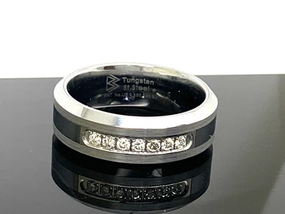 Men's Wedding Band Gray Silver Tungsten Stainless Steel Diamond 8mm Ring Size 11 - Image 1 of 4