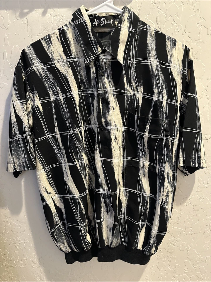 ALAN STUART Mens M Black/Sand Shirt Retro 4-Button Banded Hem Short Sleeve USA - Image 1 of 4