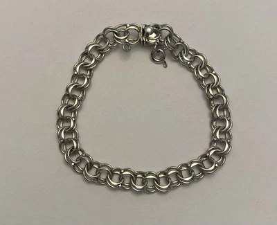 Vintage 1960-70s EL  925 Sterling Silver Charm Bracelet Solid Double Links 7” - Image 1 of 2