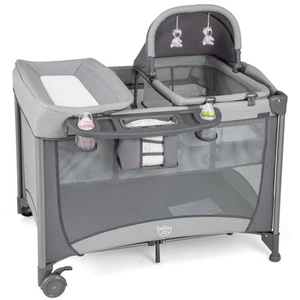COSTWAY 5 in 1 Portable Nursery Center Foldable Baby Playard w/ Bassinet-Grey - Picture 1 of 10
