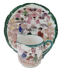 Rare Antique Kutani Geisha Japan Green Demitasse Cup And Saucer Porcelain Set - Picture 1 of 15