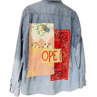 Camisa Denim Reciclada Cazadora XL OPE Medio Oeste Humor Retazos Artística Eco Boho Foto 1 de 4