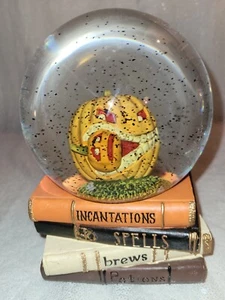 Halloween Jack-O-Lantern Black Glitter Snow Globe Musical Pumpkins On Spell Book - Picture 1 of 9