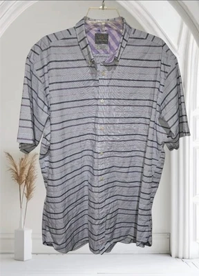 TD Thomas Dean Button Front Short Sleeve Shirt Blue & Purple Striped XL Mint - Image 1 of 3
