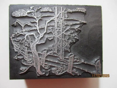 Printing Letterpress Printer Type Block Tree Lined Lane w Fence Print Cut - Image 1 of 4
