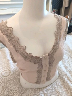 Ivory Milkmaid Top 10 Womens Button Up Crop Blouse Tie Back Lace Y2K 2000 NWT - Image 1 of 4