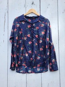 Johnny Was Women Navy Rose Collared Long Sleeve Silk Button Up Shirt L / XL READ - Picture 1 of 4