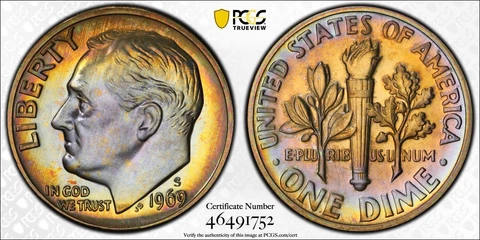 PR68 1969-S 10C Roosevelt Proof Dime, PCGS Secure- Rainbow Album Toned Cover
