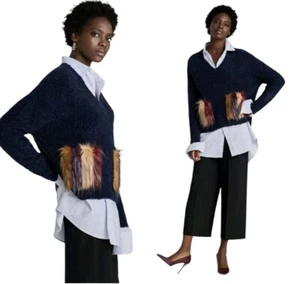 Zara Knit Fuzzy Sweater Dark Blue Vneck Pockets Wool Mohair Blend Size Small - Picture 1 of 8
