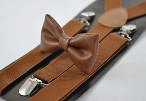 Toffee Brown Faux Leather Bow tie Elastic Suspenders Braces for Men Youth Boy - Picture 1 of 8