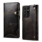 Oil Wax Retro Genuine Leather Flip Wallet Case Cover f Samsung S22 S23 S24 Ultra